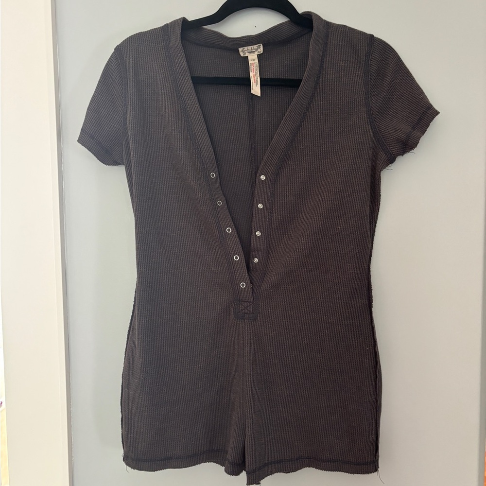 Free People Gray Fitted Buttoned Bodysuit Pajamas